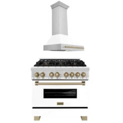 ZLINE Autograph Edition 36 In. Kitchen Package With Stainless Steel Dual Fuel Range With White Matte Door And Range Hood With Champagne Bronze Accents (2AKP-RAWMRH36-CB)(Zline Autograph Edition 36 Kitchen Package Stainless Steel White Matte Champagne Bronze 2akp Rawmrh36 Cb)