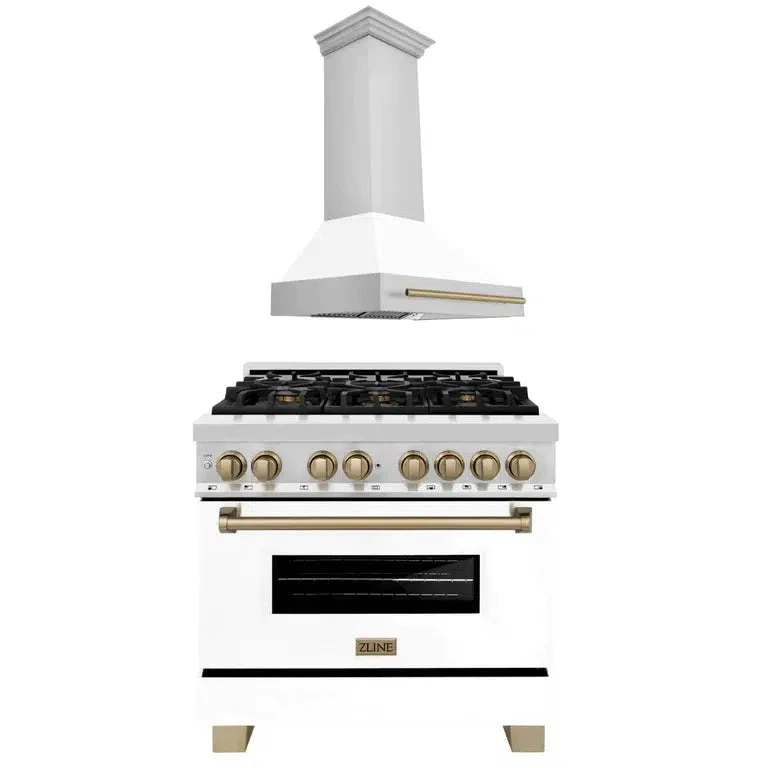 ZLINE Autograph Edition 36 In. Kitchen Package With Stainless Steel Dual Fuel Range With White Matte Door And Range Hood With Champagne Bronze Accents (2AKP-RAWMRH36-CB)(Zline Autograph Edition 36 Kitchen Package Stainless Steel White Matte Champagne Bronze 2akp Rawmrh36 Cb) 1 ZLINE Autograph Edition 36 In. Kitchen Package With Stainless Steel Dual Fuel Range With White Matte Door And Range Hood With Champagne Bronze Accents (2AKP-RAWMRH36-CB)(Zline Autograph Edition 36 Kitchen Package Stainless Steel White Matte Champagne Bronze 2akp Rawmrh36 Cb)