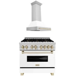 ZLINE Autograph Edition 36 In. Kitchen Package With Stainless Steel Dual Fuel Range With White Matte Door And Range Hood With Polished Gold Accents (2AKP-RAWMRH36-G)(Zline Autograph Edition 36 Kitchen Package Stainless Steel White Matte Gold 2akp Rawmrh36 G)
