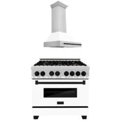 ZLINE Autograph Edition 36 In. Kitchen Package With Stainless Steel Dual Fuel Range With White Matte Door And Range Hood With Matte Black Accents (2AKP-RAWMRH36-MB)(Zline Autograph Edition 36 Kitchen Package Stainless Steel White Matte Matte Black 2akp Rawmrh36 Mb)