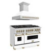 ZLINE Autograph Edition 48 In. Kitchen Package With Stainless Steel Dual Fuel Range With White Matte Door And Range Hood With Champagne Bronze Accents (2AKP-RAWMRH48-CB)(Zline Autograph Edition 48 Kitchen Package Stainless Steel White Matte Champagne Bronze 2akp Rawmrh48 Cb)
