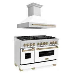 ZLINE Autograph Edition 48 In. Kitchen Package With Stainless Steel Dual Fuel Range With White Matte Door And Range Hood With Champagne Bronze Accents (2AKP-RAWMRH48-CB)(Zline Autograph Edition 48 Kitchen Package Stainless Steel White Matte Champagne Bronze 2akp Rawmrh48 Cb)