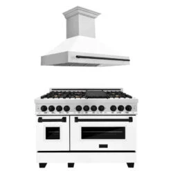 ZLINE Autograph Edition 48 In. Kitchen Package With Stainless Steel Dual Fuel Range With White Matte Door And Range Hood With Matte Black Accents (2AKP-RAWMRH48-MB)(Zline Autograph Edition 48 Kitchen Package Stainless Steel White Matte Matte Black 2akp Rawmrh48 Mb)