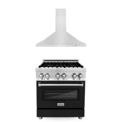 ZLINE 30 In. Kitchen Package With Stainless Steel Dual Fuel Range With Black Matte Door And Convertible Vent Range Hood (2KP-RABLMRH30)(Zline 30 Kitchen Package Stainless Steel Black Matte 2kp Rablmrh30)