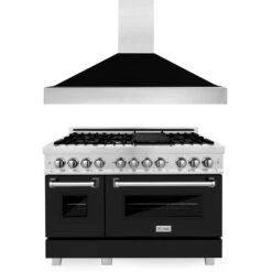 ZLINE 48 In. Kitchen Package With Satin Stainless Steel Dual Fuel Range With Black Matte Door And Convertible Vent Range Hood(Zline 48 Kitchen Package Satin Stainless Steel Black Matte 2kp Rasblmrh48)