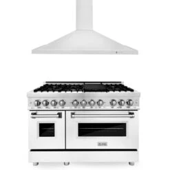 ZLINE 48 In. Kitchen Package With Stainless Steel Dual Fuel Range With White Matte Door And Convertible Vent Range Hood (2KP-RAWMRH48)(Zline 48 Kitchen Package Stainless Steel White Matte 2kp Rawmrh48)