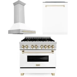 ZLINE Autograph Edition 36 In. Kitchen Package With Stainless Steel Dual Fuel Range With White Matte Door, Range Hood And Dishwasher With Polished Gold Accents (3AKP-RAWMRHDWM36-G)(Zline Autograph Edition 36 Kitchen Package Stainless Steel White Matte Gold 3akp Rawmrhdwm36 G)