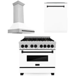 ZLINE Autograph Edition 36 In. Kitchen Package With Stainless Steel Dual Fuel Range With White Matte Door, Range Hood And Dishwasher With Matte Black Accents (3AKP-RAWMRHDWM36-MB)(Zline Autograph Edition 36 Kitchen Package Stainless Steel White Matte Matte Black 3akp Rawmrhdwm36 Mb)