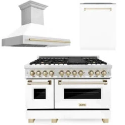 ZLINE Autograph Edition 48 In. Kitchen Package With Stainless Steel Dual Fuel Range With White Matte Door, Range Hood And Dishwasher With Polished Gold Accents (3AKP-RAWMRHDWM48-G)(Zline Autograph Edition 48 Kitchen Package Stainless Steel White Matte Polished Gold 3akp Rawmrhdwm48 G)