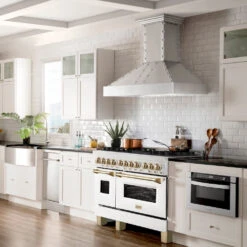 ZLINE Autograph Edition 48 In. 6.0 Cu. Ft. Legacy Dual Fuel Range With 7 Burner Gas Cooktop And 2 Electric Ovens In Satin Stainless Steel With White Matte Doors And Polished Gold Accents (RASZ-WM-48-G)(Zline Autograph Edition 48 Legacy Dual Fuel Range Satin Stainless Steel White Matte Gold Rasz Wm 48 G) -Induction Cooktop Store DW SS H 18 FSTB CH MWD 1 RASZ WM 48 G KBRR 48 SA50D 36