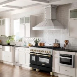 ZLINE Autograph Edition 48 In. 6.0 Cu. Ft. Legacy Dual Fuel Range With 7 Burner Gas Cooktop And 2 Electric Ovens In Stainless Steel With Black Matte Doors And Polished Gold Accents (RAZ-BLM-48-G)(Zline Autograph Edition 48 Legacy Dual Fuel Range Stainless Steel Black Matte Polished Gold Raz Blm 48 G) -Induction Cooktop Store DW SS H 18 FSTB CH MWD 1 RAZ 48 G KBRR 48 SA50D 36 44d92a16 c0d2 46f9 bca1 6ff15f708c2b