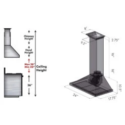 ZLINE 24 In. CrownSound™ Ducted Vent Wall Mount Range Hood In Stainless Steel With Built-in Bluetooth Speakers (KBCRN-BT-24)(Zline 24 Wall Mount Range Hood Stainless Steel Crownsound Kbcrn Bt 24) -Induction Cooktop Store KBCRN BT 24 spec dimensional diagram chimney height