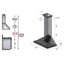ZLINE 30 In. CrownSound™ Ducted Vent Wall Mount Range Hood In Stainless Steel With Built-in Bluetooth Speakers (KBCRN-BT-30)(Zline 30 Wall Mount Range Hood Stainless Steel Crownsound Kbcrn Bt 30) 23 ZLINE 30 In. CrownSound™ Ducted Vent Wall Mount Range Hood In Stainless Steel With Built-in Bluetooth Speakers (KBCRN-BT-30)(Zline 30 Wall Mount Range Hood Stainless Steel Crownsound Kbcrn Bt 30) -Induction Cooktop Store KBCRN BT 30 spec dimensional diagram chimney height