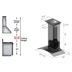 ZLINE 30 In. CrownSound™ Ducted Vent Wall Mount Range Hood In Stainless Steel And Glass With Built-in Bluetooth Speakers (KZCRN-BT-30)(Zline 30 Wall Mount Range Hood Stainless Steel Crownsound Kzcrn Bt 30) -Induction Cooktop Store KZCRN BT 30 36 spec dimensional diagram chimney height
