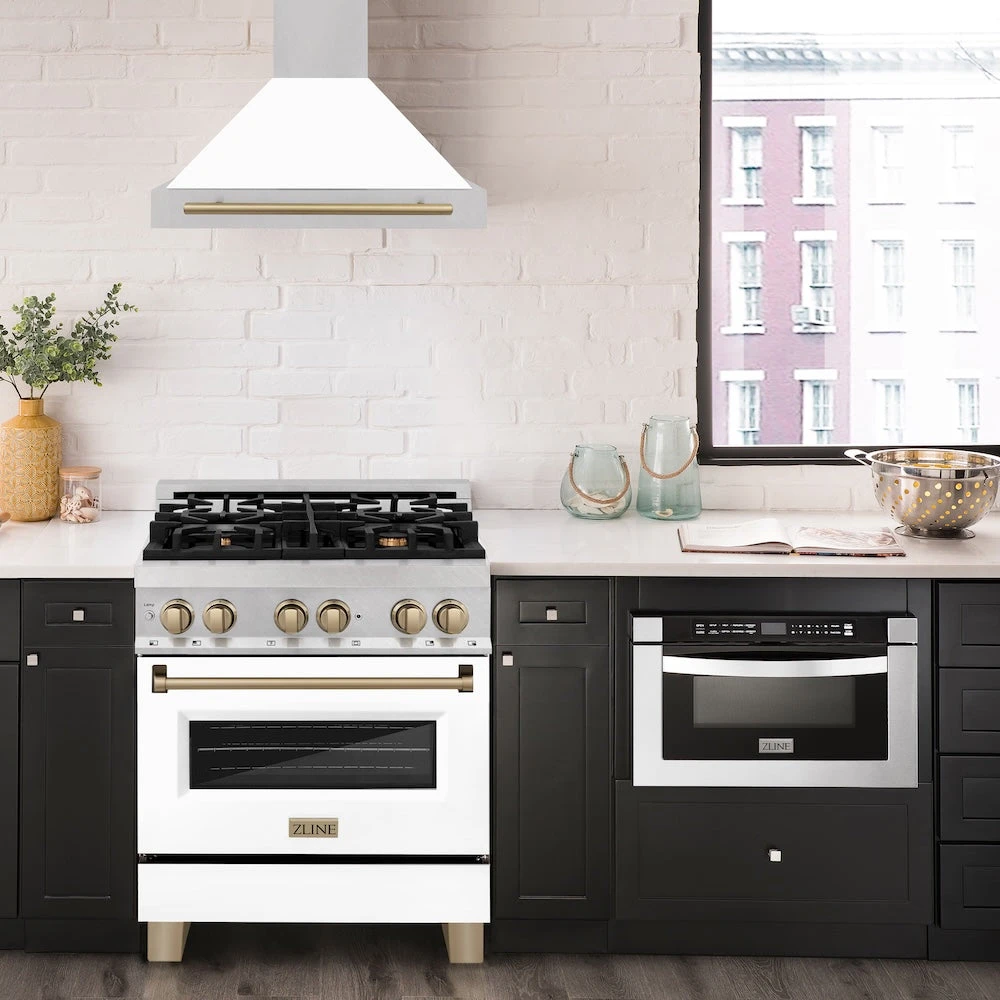 ZLINE Autograph Edition 30 In. Convertible Satin Stainless Steel Wall Mount Range Hood With White Matte Shell And Champagne Bronze Handle (KB4SNZ-WM30-CB)(Zline Autograph Edition 30 Wall Mount Range Hood Satin Stainless Steel White Matte Champagne Bronze Kb4snz Wm30 Cb) 2 ZLINE Autograph Edition 30 In. Convertible Satin Stainless Steel Wall Mount Range Hood With White Matte Shell And Champagne Bronze Handle (KB4SNZ-WM30-CB)(Zline Autograph Edition 30 Wall Mount Range Hood Satin Stainless Steel White Matte Champagne Bronze Kb4snz Wm30 Cb) - Image 2