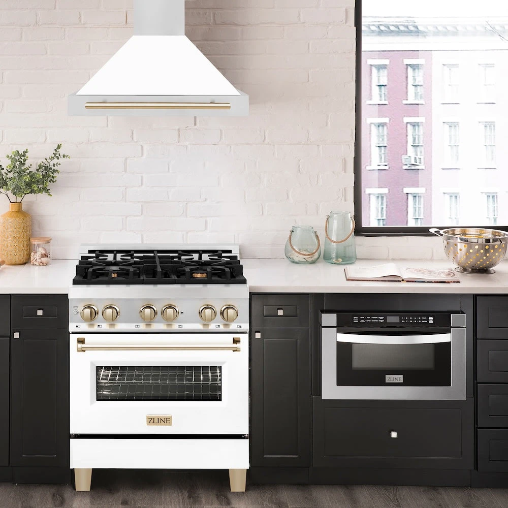 ZLINE Autograph Edition 30 In. Convertible Stainless Steel Range Hood With White Matte Shell And Polished Gold Accents (KB4STZ-WM30-G)(Zline Autograph Edition 30 Wall Mount Range Hood Stainless Steel White Matte Polished Gold Kb4stz Wm30 G) 2 ZLINE Autograph Edition 30 In. Convertible Stainless Steel Range Hood With White Matte Shell And Polished Gold Accents (KB4STZ-WM30-G)(Zline Autograph Edition 30 Wall Mount Range Hood Stainless Steel White Matte Polished Gold Kb4stz Wm30 G) - Image 2