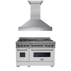 ZLINE 48 In. Kitchen Package With Satin Stainless Steel Dual Fuel Range With White Matte Door And Convertible Vent Range Hood(Zline 48 Kitchen Package Satin Stainless Steel White Matte 2kp Raswmrh48)