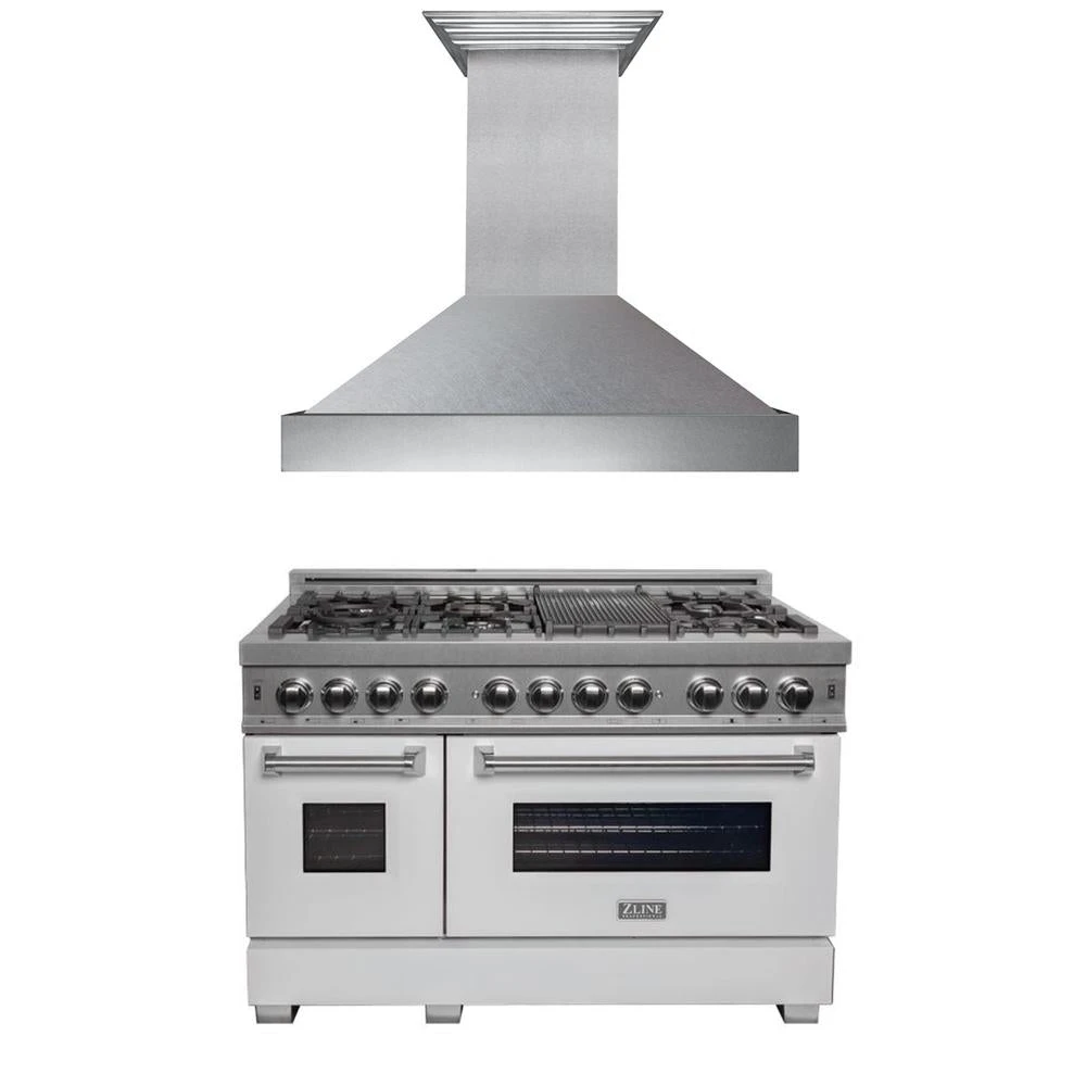 ZLINE 48 In. Kitchen Package With Satin Stainless Steel Dual Fuel Range With White Matte Door And Convertible Vent Range Hood(Zline 48 Kitchen Package Satin Stainless Steel White Matte 2kp Raswmrh48) 1 ZLINE 48 In. Kitchen Package With Satin Stainless Steel Dual Fuel Range With White Matte Door And Convertible Vent Range Hood(Zline 48 Kitchen Package Satin Stainless Steel White Matte 2kp Raswmrh48)