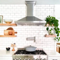 ZLINE 36 In. CrownSound™ Ducted Vent Wall Mount Range Hood In Stainless Steel With Built-in Bluetooth Speakers (KBCRN-BT-36)(Zline 36 Wall Mount Range Hood Stainless Steel Crownsound Kbcrn Bt 36) -Induction Cooktop Store SimplyOneDen KB BT 36 RA36 subwaytile floatingshelves highcrop