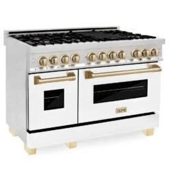 ZLINE Autograph Edition 48 In. 6.0 Cu. Ft. Legacy Dual Fuel Range With 7 Burner Gas Cooktop And 2 Electric Ovens In Stainless Steel With White Matte Doors And Polished Gold Accents (RAZ-WM-48-G)(Zline Autograph Edition 48 Legacy Dual Fuel Range Stainless Steel White Matte Gold Raz Wm 48 G)