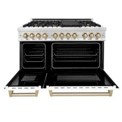 ZLINE Autograph Edition 48 In. 6.0 Cu. Ft. Legacy Dual Fuel Range With 7 Burner Gas Cooktop And 2 Electric Ovens In Stainless Steel With White Matte Doors And Polished Gold Accents (RAZ-WM-48-G)(Zline Autograph Edition 48 Legacy Dual Fuel Range Stainless Steel White Matte Gold Raz Wm 48 G) -Induction Cooktop Store zline autograph edition 48 60 cu ft dual fuel range with gas stove and electric oven in stainless steel with white matte door and accents raz wm 48 ranges zline 417224 4b7c3ae3 df30 4