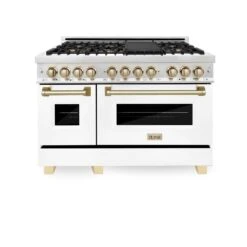 ZLINE Autograph Edition 48 In. 6.0 Cu. Ft. Legacy Dual Fuel Range With 7 Burner Gas Cooktop And 2 Electric Ovens In Stainless Steel With White Matte Doors And Polished Gold Accents (RAZ-WM-48-G)(Zline Autograph Edition 48 Legacy Dual Fuel Range Stainless Steel White Matte Gold Raz Wm 48 G) -Induction Cooktop Store zline autograph edition 48 60 cu ft dual fuel range with gas stove and electric oven in stainless steel with white matte door and accents raz wm 48 ranges zline 606318 a2fa680f b1fe 4