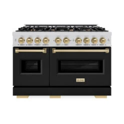ZLINE Autograph Edition 48 In. 6.7 Cu. Ft. Classic Double Oven Dual Fuel Range With 8 Burner Gas Cooktop In Stainless Steel With Black Matte Doors And Champagne Bronze Accents (CDRZ-BLM-48-CB)(Zline Autograph Edition 48 Classic Dual Fuel Range Stainless Steel Black Matte Champagne Bronze Cdrz Blm 48 Cb) -Induction Cooktop Store zline autograph edition classic stainless steel black matte dual fuel range CDRZ BLM 48 CB front hero