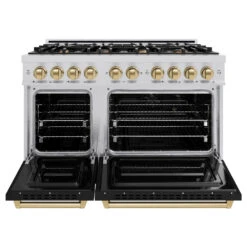 ZLINE Autograph Edition 48 In. 6.7 Cu. Ft. Classic Double Oven Dual Fuel Range With 8 Burner Gas Cooktop In Stainless Steel With Black Matte Doors And Champagne Bronze Accents (CDRZ-BLM-48-CB)(Zline Autograph Edition 48 Classic Dual Fuel Range Stainless Steel Black Matte Champagne Bronze Cdrz Blm 48 Cb) -Induction Cooktop Store zline autograph edition classic stainless steel black matte dual fuel range CDRZ BLM 48 CB front open