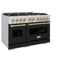 ZLINE Autograph Edition 48 In. 6.7 Cu. Ft. Classic Double Oven Dual Fuel Range With 8 Burner Gas Cooktop In Stainless Steel With Black Matte Doors And Champagne Bronze Accents (CDRZ-BLM-48-CB)(Zline Autograph Edition 48 Classic Dual Fuel Range Stainless Steel Black Matte Champagne Bronze Cdrz Blm 48 Cb) -Induction Cooktop Store zline autograph edition classic stainless steel black matte dual fuel range CDRZ BLM 48 CB main