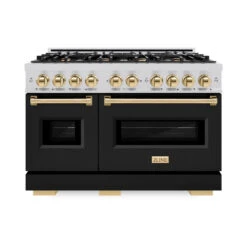 ZLINE Autograph Edition 48 In. 6.7 Cu. Ft. Classic Double Oven Dual Fuel Range With 8 Burner Gas Cooktop In Stainless Steel With Black Matte Doors And Polished Gold Accents (CDRZ-BLM-48-G)(Zline Autograph Edition 48 Classic Dual Fuel Range Stainless Steel Black Matte Polished Gold Cdrz Blm 48 G) -Induction Cooktop Store zline autograph edition classic stainless steel black matte dual fuel range CDRZ BLM 48 G front hero
