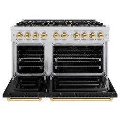 ZLINE Autograph Edition 48 In. 6.7 Cu. Ft. Classic Double Oven Gas Range With 8 Burner Cooktop In Stainless Steel With Black Matte Doors And Polished Gold Accents (CGRZ-BLM-48-G)(Zline Autograph Edition 48 Classic Gas Range Stainless Steel Black Matte Polished Gold Cgrz Blm 48 G) 15 ZLINE Autograph Edition 48 In. 6.7 Cu. Ft. Classic Double Oven Gas Range With 8 Burner Cooktop In Stainless Steel With Black Matte Doors And Polished Gold Accents (CGRZ-BLM-48-G)(Zline Autograph Edition 48 Classic Gas Range Stainless Steel Black Matte Polished Gold Cgrz Blm 48 G) -Induction Cooktop Store zline autograph edition classic stainless steel black matte gas range CGRZ BLM 48 G front open