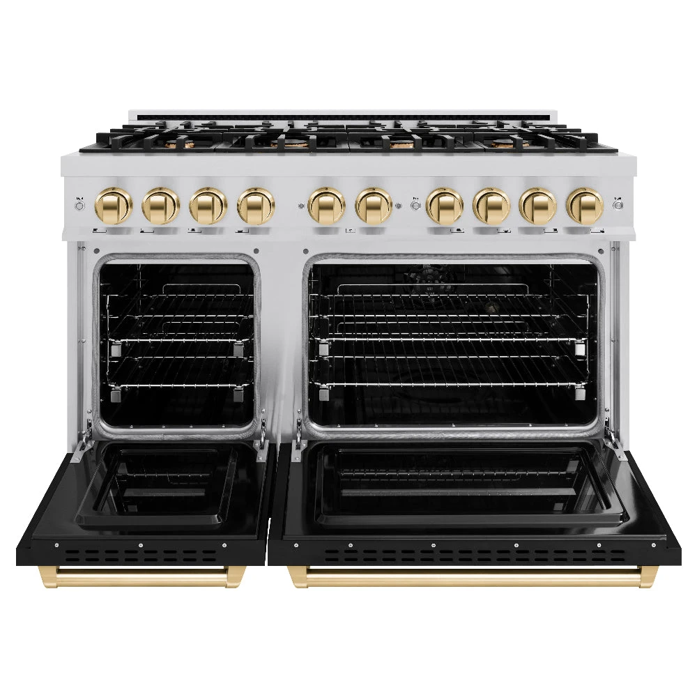 ZLINE Autograph Edition 48 In. 6.7 Cu. Ft. Classic Double Oven Gas Range With 8 Burner Cooktop In Stainless Steel With Black Matte Doors And Polished Gold Accents (CGRZ-BLM-48-G)(Zline Autograph Edition 48 Classic Gas Range Stainless Steel Black Matte Polished Gold Cgrz Blm 48 G) 4 ZLINE Autograph Edition 48 In. 6.7 Cu. Ft. Classic Double Oven Gas Range With 8 Burner Cooktop In Stainless Steel With Black Matte Doors And Polished Gold Accents (CGRZ-BLM-48-G)(Zline Autograph Edition 48 Classic Gas Range Stainless Steel Black Matte Polished Gold Cgrz Blm 48 G) - Image 4