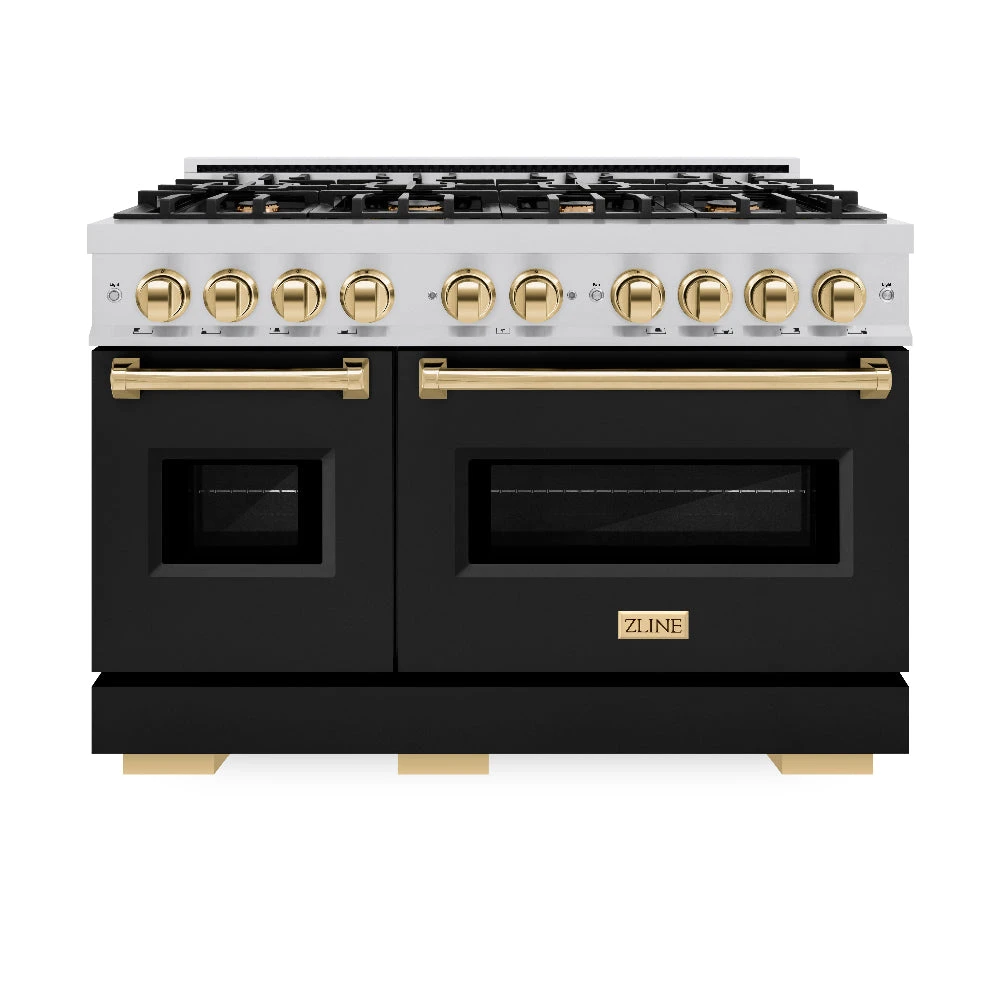 ZLINE Autograph Edition 48 In. 6.7 Cu. Ft. Classic Double Oven Gas Range With 8 Burner Cooktop In Stainless Steel With Black Matte Doors And Polished Gold Accents (CGRZ-BLM-48-G)(Zline Autograph Edition 48 Classic Gas Range Stainless Steel Black Matte Polished Gold Cgrz Blm 48 G) 2 ZLINE Autograph Edition 48 In. 6.7 Cu. Ft. Classic Double Oven Gas Range With 8 Burner Cooktop In Stainless Steel With Black Matte Doors And Polished Gold Accents (CGRZ-BLM-48-G)(Zline Autograph Edition 48 Classic Gas Range Stainless Steel Black Matte Polished Gold Cgrz Blm 48 G) - Image 2