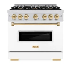 ZLINE Autograph Edition 36 In. 5.2 Cu. Ft. Classic Dual Fuel Range With 6 Burner Gas Cooktop And Electric Convection Oven In Stainless Steel With White Matte Door And Polished Gold Accents (CDRZ-WM-36-G)(Zline Autograph Edition 36 Classic Dual Fuel Range Stainless Steel White Matte Polished Gold Cdrz Wm 36 G) -Induction Cooktop Store zline autograph edition classic stainless steel dual fuel white matte range CDRZ WM 36 G front