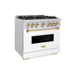 ZLINE Autograph Edition 36 In. 5.2 Cu. Ft. Classic Dual Fuel Range With 6 Burner Gas Cooktop And Electric Convection Oven In Stainless Steel With White Matte Door And Polished Gold Accents (CDRZ-WM-36-G)(Zline Autograph Edition 36 Classic Dual Fuel Range Stainless Steel White Matte Polished Gold Cdrz Wm 36 G)