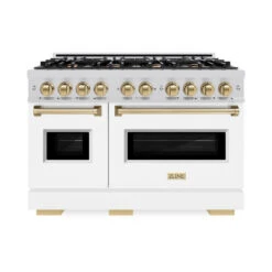 ZLINE Autograph Edition 48 In. 6.7 Cu. Ft. Classic Double Oven Dual Fuel Range With 8 Burner Gas Cooktop In Stainless Steel With White Matte Doors And Champagne Bronze Accents (CDRZ-WM-48-CB)(Zline Autograph Edition 48 Classic Dual Fuel Range Stainless Steel White Matte Champagne Bronze Cdrz Wm 48 Cb) -Induction Cooktop Store zline autograph edition classic stainless steel white matte dual fuel range CDRZ WM 48 CB front hero