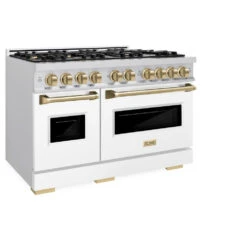 ZLINE Autograph Edition 48 In. 6.7 Cu. Ft. Classic Double Oven Dual Fuel Range With 8 Burner Gas Cooktop In Stainless Steel With White Matte Doors And Champagne Bronze Accents (CDRZ-WM-48-CB)(Zline Autograph Edition 48 Classic Dual Fuel Range Stainless Steel White Matte Champagne Bronze Cdrz Wm 48 Cb) -Induction Cooktop Store zline autograph edition classic stainless steel white matte dual fuel range CDRZ WM 48 CB main