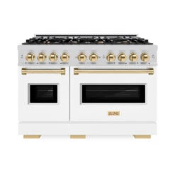 ZLINE Autograph Edition 48 In. 6.7 Cu. Ft. Classic Double Oven Dual Fuel Range With 8 Burner Gas Cooktop In Stainless Steel With White Matte Doors And Polished Gold Accents (CDRZ-WM-48-G)(Zline Autograph Edition 48 Classic Dual Fuel Range Stainless Steel White Matte Polished Gold Cdrz Wm 48 G) -Induction Cooktop Store zline autograph edition classic stainless steel white matte dual fuel range CDRZ WM 48 G front hero