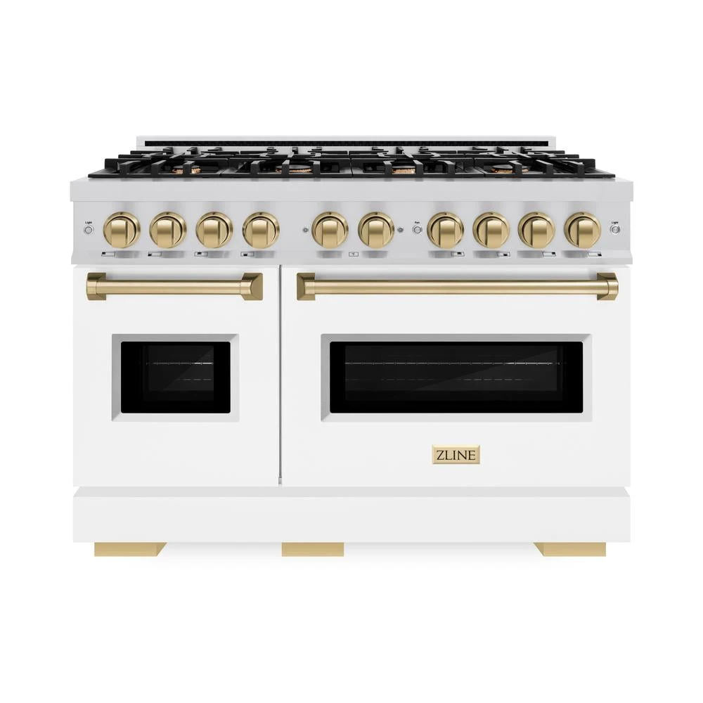 ZLINE Autograph Edition 48 In. 6.7 Cu. Ft. Classic Double Oven Gas Range With 8 Burner Cooktop In Stainless Steel With White Matte Doors And Champagne Bronze Accents (CGRZ-WM-48-CB)(Zline Autograph Edition 48 Classic Gas Range Stainless Steel White Matte Champagne Bronze Cgrz Wm 48 Cb) 2 ZLINE Autograph Edition 48 In. 6.7 Cu. Ft. Classic Double Oven Gas Range With 8 Burner Cooktop In Stainless Steel With White Matte Doors And Champagne Bronze Accents (CGRZ-WM-48-CB)(Zline Autograph Edition 48 Classic Gas Range Stainless Steel White Matte Champagne Bronze Cgrz Wm 48 Cb) - Image 2