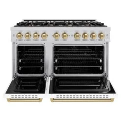 ZLINE Autograph Edition 48 In. 6.7 Cu. Ft. Classic Double Oven Gas Range With 8 Burner Cooktop In Stainless Steel With White Matte Doors And Champagne Bronze Accents (CGRZ-WM-48-CB)(Zline Autograph Edition 48 Classic Gas Range Stainless Steel White Matte Champagne Bronze Cgrz Wm 48 Cb) 15 ZLINE Autograph Edition 48 In. 6.7 Cu. Ft. Classic Double Oven Gas Range With 8 Burner Cooktop In Stainless Steel With White Matte Doors And Champagne Bronze Accents (CGRZ-WM-48-CB)(Zline Autograph Edition 48 Classic Gas Range Stainless Steel White Matte Champagne Bronze Cgrz Wm 48 Cb) -Induction Cooktop Store zline autograph edition classic stainless steel white matte gas range CGRZ WM 48 CB front open