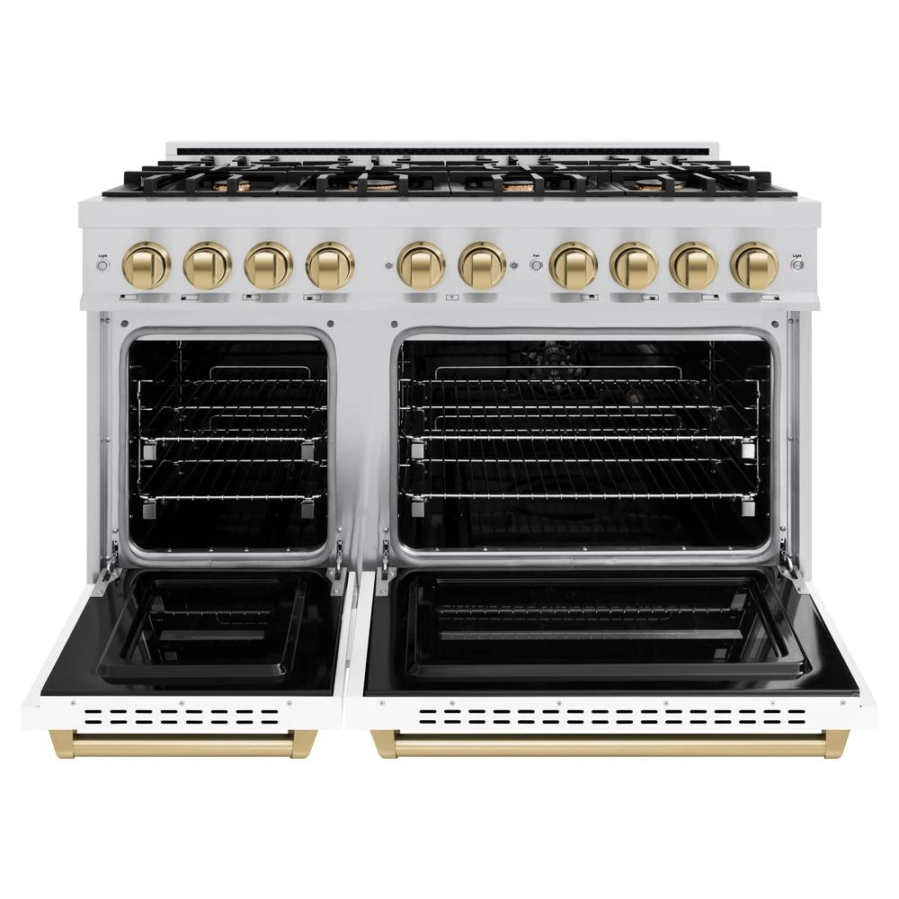 ZLINE Autograph Edition 48 In. 6.7 Cu. Ft. Classic Double Oven Gas Range With 8 Burner Cooktop In Stainless Steel With White Matte Doors And Champagne Bronze Accents (CGRZ-WM-48-CB)(Zline Autograph Edition 48 Classic Gas Range Stainless Steel White Matte Champagne Bronze Cgrz Wm 48 Cb) 4 ZLINE Autograph Edition 48 In. 6.7 Cu. Ft. Classic Double Oven Gas Range With 8 Burner Cooktop In Stainless Steel With White Matte Doors And Champagne Bronze Accents (CGRZ-WM-48-CB)(Zline Autograph Edition 48 Classic Gas Range Stainless Steel White Matte Champagne Bronze Cgrz Wm 48 Cb) - Image 4