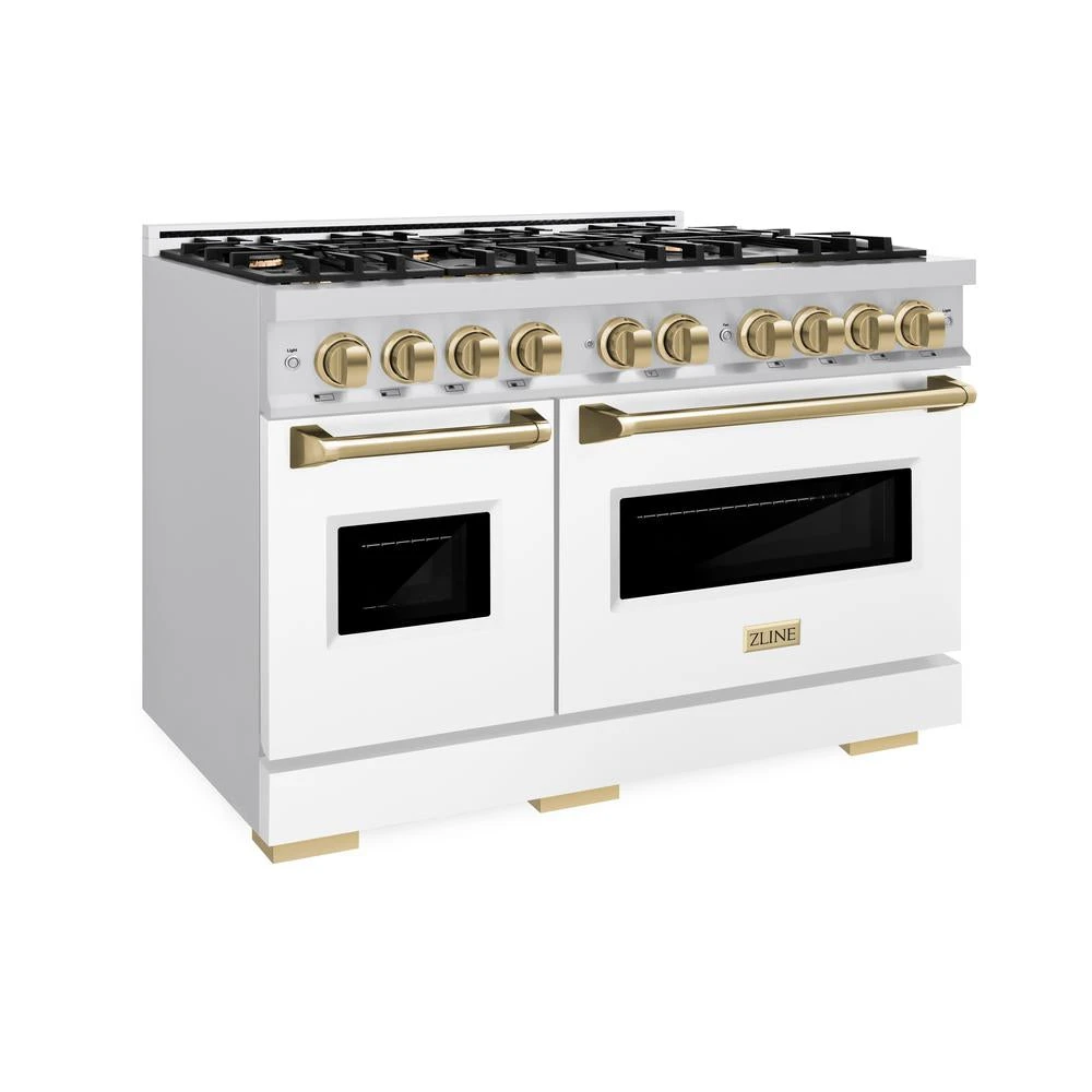 ZLINE Autograph Edition 48 In. 6.7 Cu. Ft. Classic Double Oven Gas Range With 8 Burner Cooktop In Stainless Steel With White Matte Doors And Champagne Bronze Accents (CGRZ-WM-48-CB)(Zline Autograph Edition 48 Classic Gas Range Stainless Steel White Matte Champagne Bronze Cgrz Wm 48 Cb) 1 ZLINE Autograph Edition 48 In. 6.7 Cu. Ft. Classic Double Oven Gas Range With 8 Burner Cooktop In Stainless Steel With White Matte Doors And Champagne Bronze Accents (CGRZ-WM-48-CB)(Zline Autograph Edition 48 Classic Gas Range Stainless Steel White Matte Champagne Bronze Cgrz Wm 48 Cb)