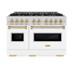 ZLINE Autograph Edition 48 In. 6.7 Cu. Ft. Classic Double Oven Gas Range With 8 Burner Cooktop In Stainless Steel With White Matte Doors And Polished Gold Accents (CGRZ-WM-48-G)(Zline Autograph Edition 48 Classic Gas Range Stainless Steel White Matte Polished Gold Cgrz Wm 48 G) -Induction Cooktop Store zline autograph edition classic stainless steel white matte gas range CGRZ WM 48 G front