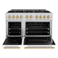ZLINE Autograph Edition 48 In. 6.7 Cu. Ft. Classic Double Oven Gas Range With 8 Burner Cooktop In Stainless Steel With White Matte Doors And Polished Gold Accents (CGRZ-WM-48-G)(Zline Autograph Edition 48 Classic Gas Range Stainless Steel White Matte Polished Gold Cgrz Wm 48 G) -Induction Cooktop Store zline autograph edition classic stainless steel white matte gas range CGRZ WM 48 G front open