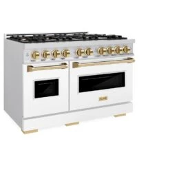 ZLINE Autograph Edition 48 In. 6.7 Cu. Ft. Classic Double Oven Gas Range With 8 Burner Cooktop In Stainless Steel With White Matte Doors And Polished Gold Accents (CGRZ-WM-48-G)(Zline Autograph Edition 48 Classic Gas Range Stainless Steel White Matte Polished Gold Cgrz Wm 48 G) -Induction Cooktop Store zline autograph edition classic stainless steel white matte gas range CGRZ WM 48 G main