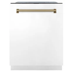 ZLINE Autograph Edition 48 In. Kitchen Package With Stainless Steel Dual Fuel Range With White Matte Door, Range Hood And Dishwasher With Champagne Bronze Accents (3AKP-RAWMRHDWM48-CB)(Zline Autograph Edition 48 Kitchen Package Stainless Steel White Matte Champagne Bronze 3akp Rawmrhdwm48 Cb) -Induction Cooktop Store zline autograph edition dishwasher DWMTZ WM 24 CB front 1