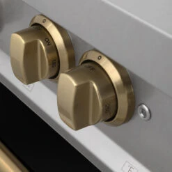 ZLINE Autograph Edition 36 In. 4.6 Cu. Ft. Legacy Dual Fuel Range With 6 Burner Gas Cooktop And Electric Convection Oven In Satin Stainless Steel With Black Matte Door And Champagne Bronze Accents (RASZ-BLM-36-CB)(Zline Autograph Edition 36 Legacy Dual Fuel Range Satin Stainless Steel Black Matte Champagne Bronze Rasz Blm 36 Cb) -Induction Cooktop Store zline autograph edition professional satin stainless steel black matte dual fuel range RASZ BLM36 CB detail knobs 2