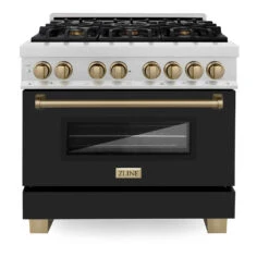 ZLINE Autograph Edition 36 In. 4.6 Cu. Ft. Legacy Dual Fuel Range With 6 Burner Gas Cooktop And Electric Convection Oven In Satin Stainless Steel With Black Matte Door And Champagne Bronze Accents (RASZ-BLM-36-CB)(Zline Autograph Edition 36 Legacy Dual Fuel Range Satin Stainless Steel Black Matte Champagne Bronze Rasz Blm 36 Cb) -Induction Cooktop Store zline autograph edition professional satin stainless steel black matte dual fuel range RASZ BLM36 CB front