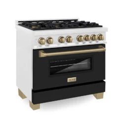 ZLINE Autograph Edition 36 In. 4.6 Cu. Ft. Legacy Dual Fuel Range With 6 Burner Gas Cooktop And Electric Convection Oven In Satin Stainless Steel With Black Matte Door And Champagne Bronze Accents (RASZ-BLM-36-CB)(Zline Autograph Edition 36 Legacy Dual Fuel Range Satin Stainless Steel Black Matte Champagne Bronze Rasz Blm 36 Cb)