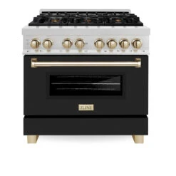 ZLINE Autograph Edition 36 In. 4.6 Cu. Ft. Legacy Dual Fuel Range With 6 Burner Gas Cooktop And Electric Convection Oven In Satin Stainless Steel With Black Matte Door And Polished Gold Accents (RASZ-BLM-36-G)(Zline Autograph Edition 36 Legacy Dual Fuel Range Satin Stainless Steel Black Matte Polished Gold Rasz Blm 36 G) 16 ZLINE Autograph Edition 36 In. 4.6 Cu. Ft. Legacy Dual Fuel Range With 6 Burner Gas Cooktop And Electric Convection Oven In Satin Stainless Steel With Black Matte Door And Polished Gold Accents (RASZ-BLM-36-G)(Zline Autograph Edition 36 Legacy Dual Fuel Range Satin Stainless Steel Black Matte Polished Gold Rasz Blm 36 G) -Induction Cooktop Store zline autograph edition professional satin stainless steel black matte dual fuel range RASZ BLM36 G front